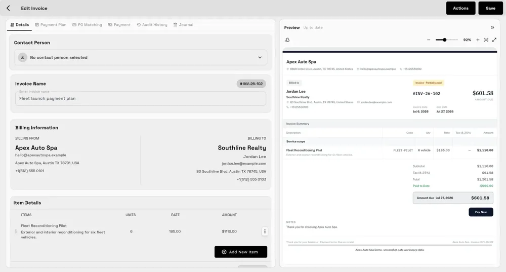 Workspace369 invoice editing screen with contact, billing, item details, and an invoice preview panel.