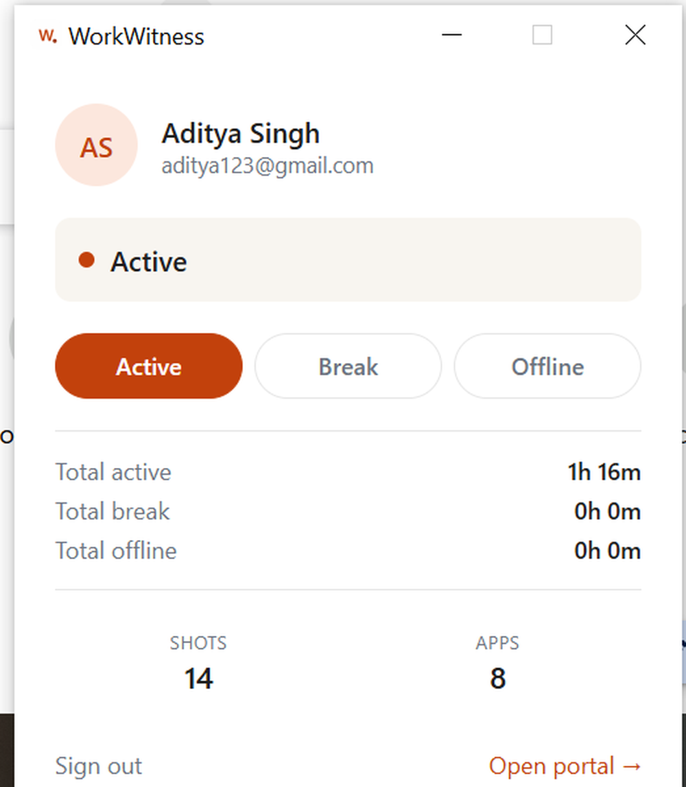 WorkWitness runs quietly on employee devices and provides complete transparency into tracking status. Employees can switch between Active, Break, and Offline modes, view their work summary, track active hours, and see exactly what data is being collected. No hidden monitoring, no invasive tracking.