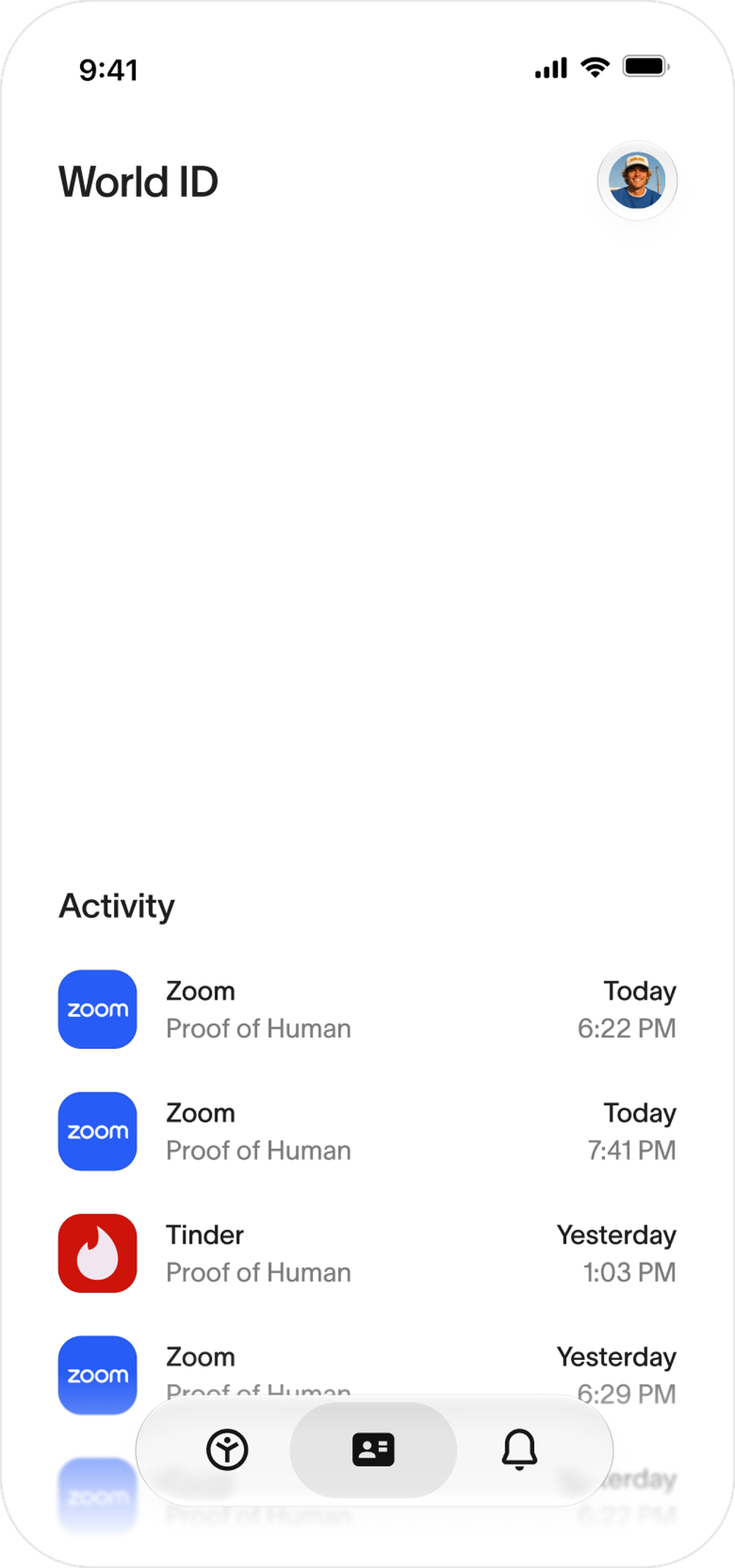 World ID mobile app activity screen listing Zoom and Tinder proof-of-human activity, with dates and times.