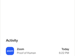 World ID mobile app activity screen listing Zoom and Tinder proof-of-human activity, with dates and times.