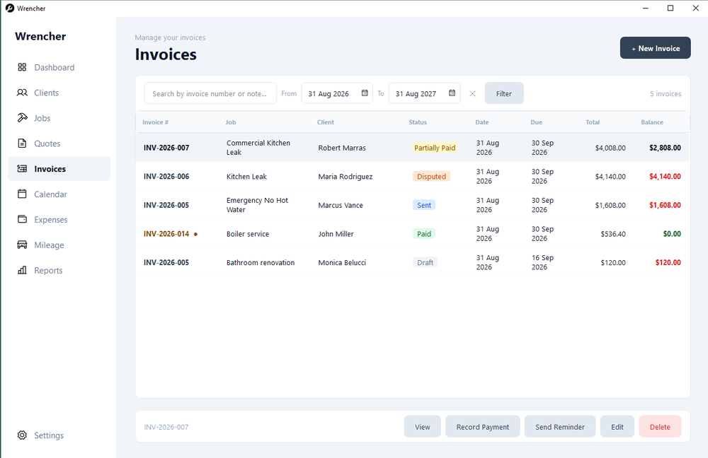 Wrencher desktop application showing the Invoices page with invoice search, date filters, invoice statuses, amounts, balances, and invoice action buttons.