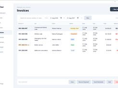 Wrencher desktop application showing the Invoices page with invoice search, date filters, invoice statuses, amounts, balances, and invoice action buttons.