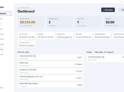Wrencher dashboard showing unpaid-invoice, pending-quote, active-job, and overdue summary cards, alerts, recent jobs, and today's scheduled job.