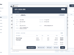 Wrencher Quotes page with a quote-detail modal for QTE-2026-008, client details, quote options, line items, totals, and actions to accept, print, send, or edit.