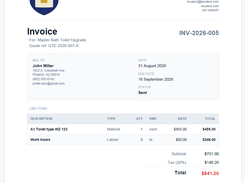 Invoice document preview for INV-2026-005 showing company and billing details, line items, tax, total, and payment terms.