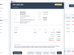 Wrencher invoice-detail modal for INV-2026-007 showing client contact and billing details, line items, payment amount, remaining balance, and payment actions.