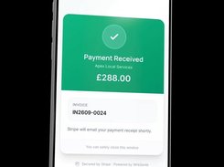 Mobile payment confirmation screen showing a £288.00 payment received for Apex Local Services and an invoice number.