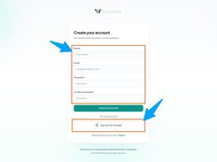 WTranslator account-creation screen with name, email, password, confirm-password fields, a Create Account button, and Google sign-up option.