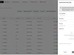 Data Feeds page with an Upload Sub-broker Data panel for partner, sub-broker, file type, and spreadsheet upload.