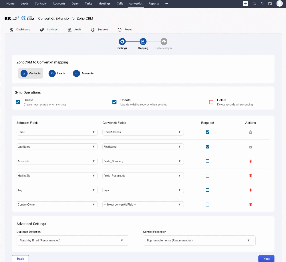 ConvertKit–Zoho CRM field-mapping screen with sync operations and duplicate-detection settings.