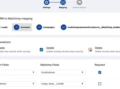 Mailchimp–Zoho CRM field mapping with create, update, delete, and required-field controls.