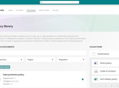 Xoralia policy library page with document search filters, a data protection policy result, and a Governance collection panel.