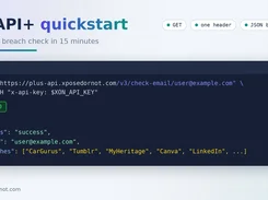 xonAPI+ quickstart graphic showing a curl request to an email-breach-check endpoint and a JSON response with an example email and breach names.