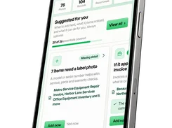 Angled smartphone mockup displaying the Xyterna home screen with photo, record, report-area, and processing counts, suggested tasks, and navigation controls.