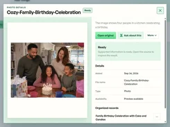 Xyterna photo-details panel for “Cozy-Family-Birthday-Celebration,” showing a family birthday photo, AI-generated description, file metadata, and organized records.