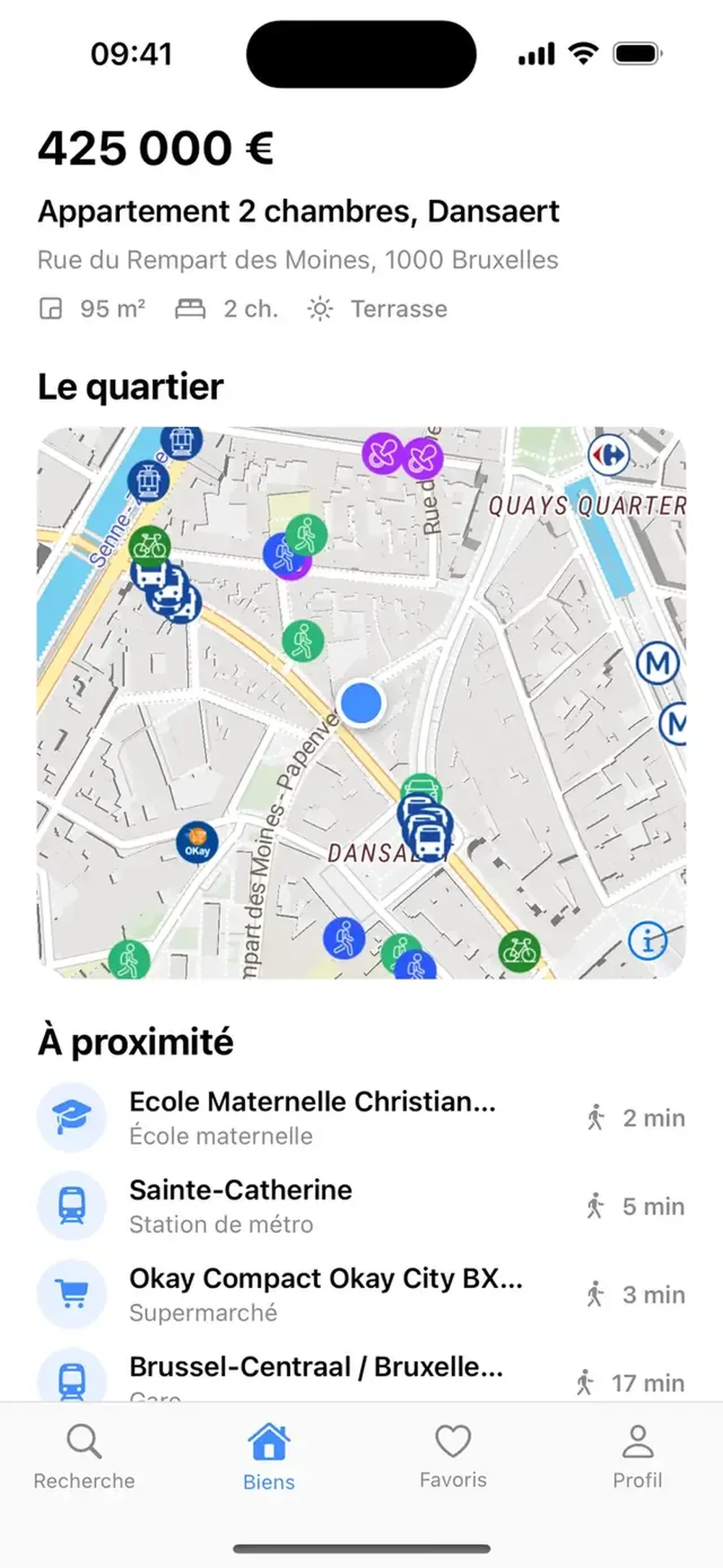 Mobile real-estate listing screen for a two-bedroom apartment in Brussels, showing price, address, neighborhood map with amenity markers, and nearby places with walking times.