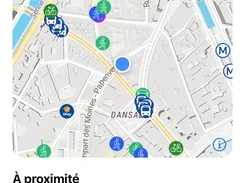 Mobile real-estate listing screen for a two-bedroom apartment in Brussels, showing price, address, neighborhood map with amenity markers, and nearby places with walking times.