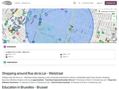 Website page with a map showing a blue accessible-area overlay, nearby point-of-interest markers, school-distance details, and neighborhood text for Rue de la Loi - Wetstraat.