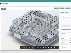 yCloudx Model View interface showing a three-dimensional building model, BIM object list, property-calculation panel, and model navigation controls.