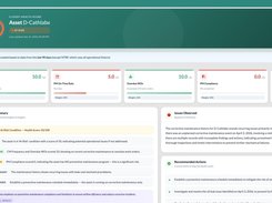 yCloudx asset health dashboard for Asset D-Cathlabx, showing a health score, maintenance metric cards, AI summary, observed issues, and recommended actions.