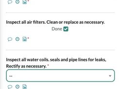 Mobile checklist form titled "AHU MONTHLY INSPECTION" with air-handling-unit inspection tasks, condition dropdowns, completion status, and an Add New Task button.