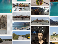 Masonry grid view with visual asset library, workspace navigation, and collaboration indicators.