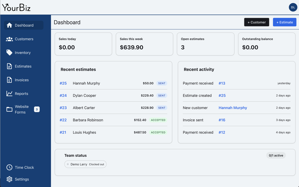 Monitor important repair shop information in one place, with quick access to sales, estimates, recent activity, and team status.