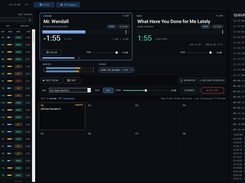 The whole station on one screen: two decks, the queue the AI editor built, cart wall and a live mic, with the AI DJ on.