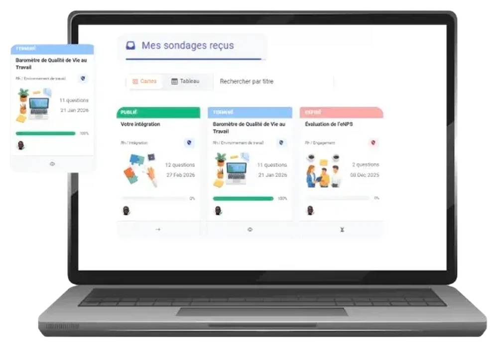 Yuno survey dashboard shown on a laptop mockup with survey cards and response progress.
