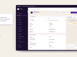 Contact details, pipeline stage, WhatsApp and call history beside the record, one click to schedule a consultation.