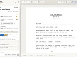 The Ziztu Director web interface displays a screenplay titled “Salt and Signal,” with planning, cast, place, music, and script panels.