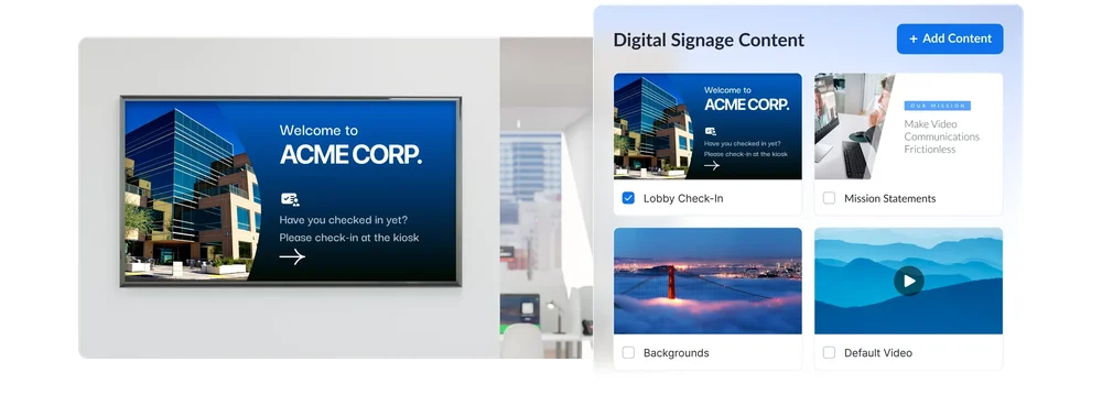 Digital Signage Content interface with selectable content cards shown next to an ACME Corp. lobby display.