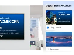 Digital Signage Content interface with selectable content cards shown next to an ACME Corp. lobby display.