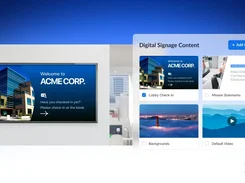 Zoom-branded digital signage content selection interface shown beside a wall display with an ACME Corp. check-in message.