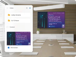 A signage folder and content selection panel is overlaid on a meeting room scene with an Executive Town Hall display.