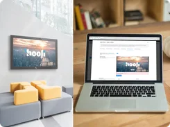 Wall-mounted signage screen and laptop browser both show a Hooli-branded digital signage display configuration.