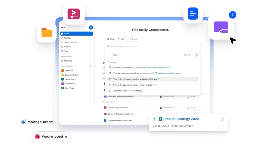 Zoom Hub interface showing a left navigation panel, a central AI search prompt with suggested questions, shared folders, and floating icons for files, clips, and whiteboards.
