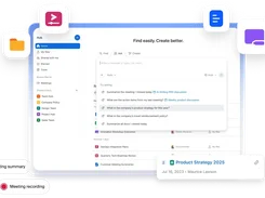 Zoom Hub interface showing a left navigation panel, a central AI search prompt with suggested questions, shared folders, and floating icons for files, clips, and whiteboards.