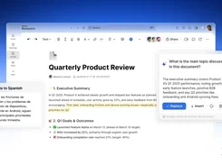 Zoom Workplace document editor displaying a Quarterly Product Review, with AI panels for translation and a question about the document topic.