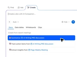 Zoom Hub Create panel with tabs for Docs, Data tables, Whiteboards, and Clips, plus options to summarize a recent meeting and track action items.