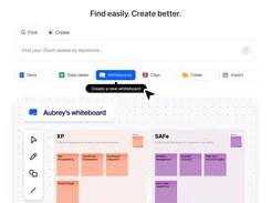 Zoom Hub interface with Find and Create controls and a whiteboard canvas titled Aubrey’s whiteboard containing colored sticky notes.
