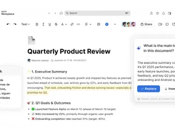 Zoom Workplace document editor showing a Quarterly Product Review with AI translation and document-question panels.