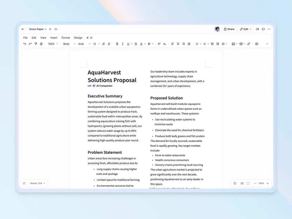 Zoom Paper editor with formatting controls and a two-column AquaHarvest Solutions Proposal document.