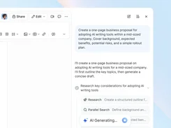 Document editor with an AI panel generating a one-page business proposal and showing research tasks.