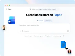 Paper start screen with AI Create and Search tabs, an idea prompt field, and document-type suggestions.