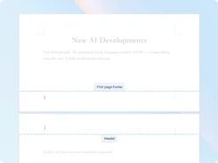 Document editor view showing labeled first-page footer and header editing regions across two pages.