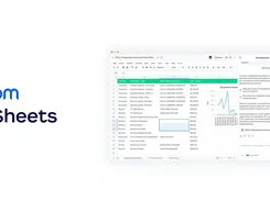 Zoom AI Sheets branding beside a spreadsheet containing equipment inventory data, a line chart, and an AI Companion panel.