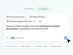 AI Create prompt area with attached sources including Procurement Sync and Weekly Review, plus suggested spreadsheet types.