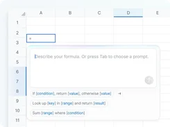 Spreadsheet grid with an AI formula prompt offering conditional, lookup, and sum formula templates.