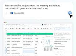 AI prompt to generate a structured sheet from meeting documents above a spreadsheet with an AI Companion analysis panel.